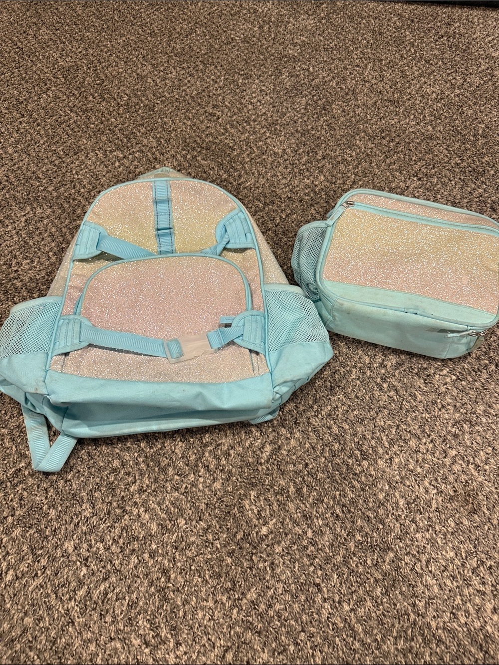 Pottery Barn Kids Light Aqua Glitter Backpack and Lunchbox Set